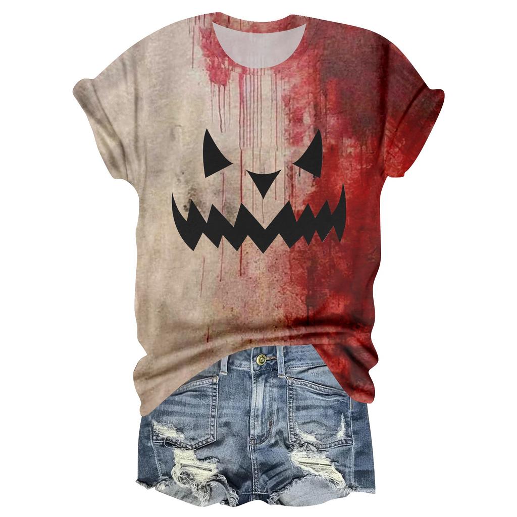 Women's Casual Round Neck Halloween Print Short Sleeve T-Shirt Top