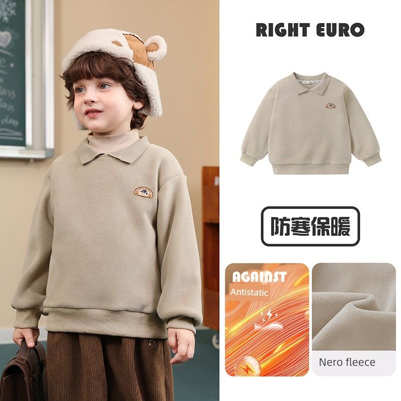 Boys  Lapel Fleece Casual Sweatshirt Winter New Style Children s Anti-Static Thickened Warm Top Winter U16777 Milk tea color 120cm