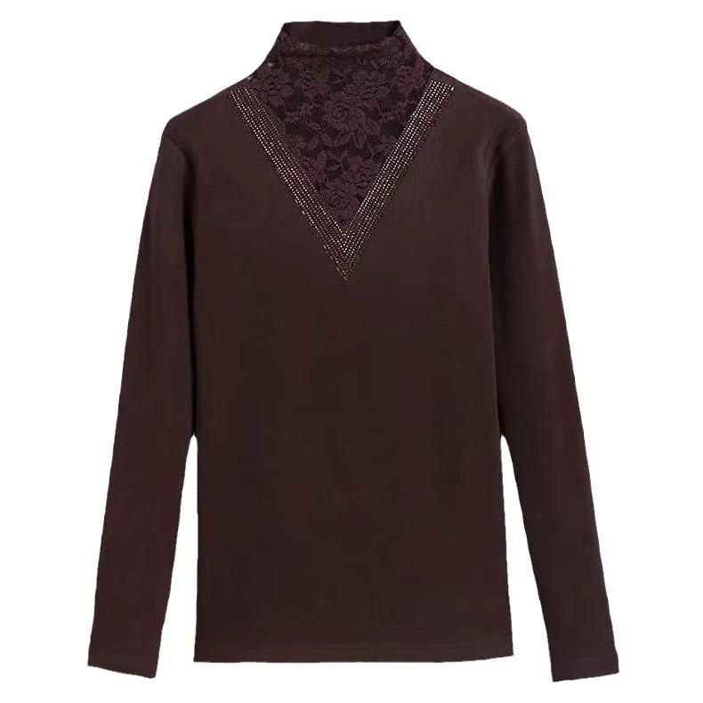 Fleece Thickened Bottoming Shirt for Women's 2025 New Autumn and Winter Warm Inner with Semi-turtleneck Lace Mesh Black Top