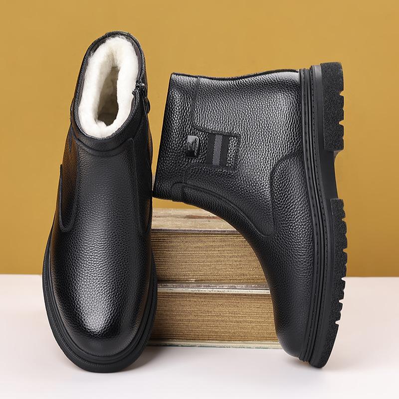 New Winter Ankle Boots Men's Genuine Leather Mid Top Vintage Plush Warm Soft Leather High Top British Side Zipper Chelsea Boots