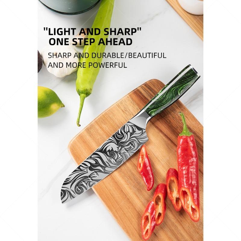 Stainless Steel Santok Knife Green Resin Handle Cutting Meat Vegetables and Fruits Exquisite Laser Pattern Household Kitchen Knife