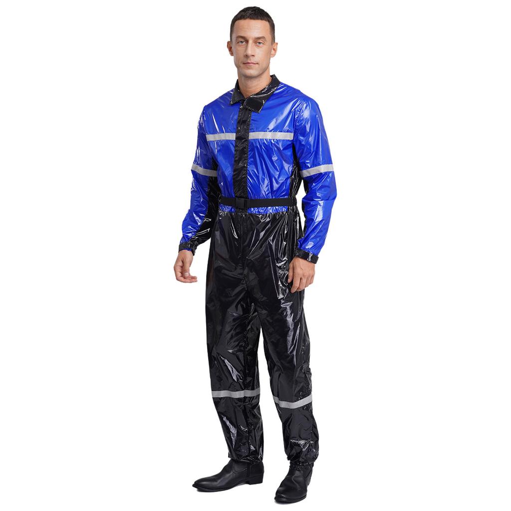 Men Stand Collar Long Sleeve Zipper Belted Jumpsuit Work Coveralls