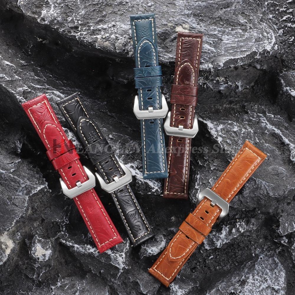Handgefertigte Rindsleder-Uhrenarmbänder 20mm 22mm 24mm 26mm Vintage Crazy Horse Leder-Uhrenarmband für Panerai für Omega Schnitzerei Armband