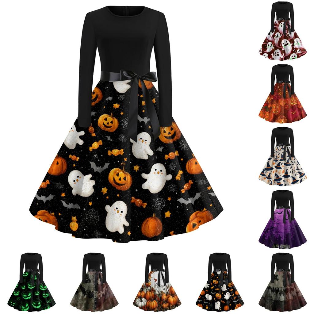 Women's Vintage Halloween Print Round Neck Casual Dress for Everyday Wear