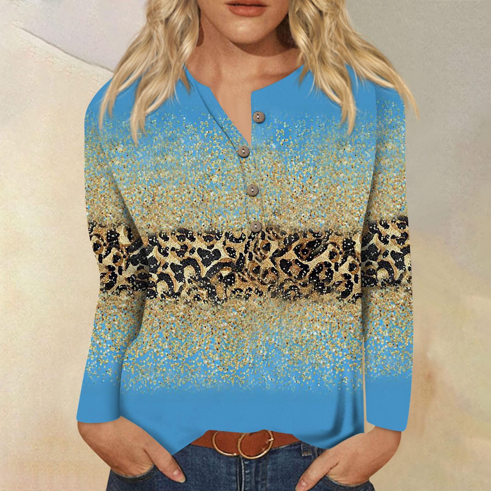 

Женская новая футболка с воротником на пуговицах, модная футболка с длинными рукавами и принтом в стиле ретро, ​​тонкий топ, повседневные топы M циан