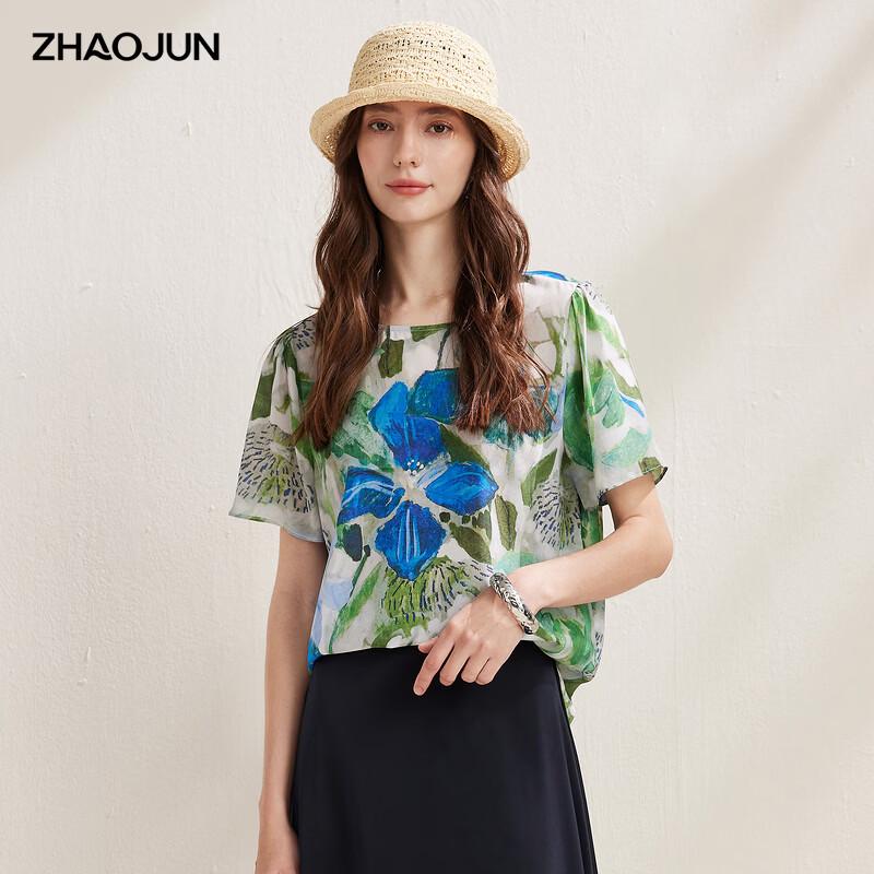 Zhaojun Fashion Printed Mulberry Silk Short Sleeve Top L