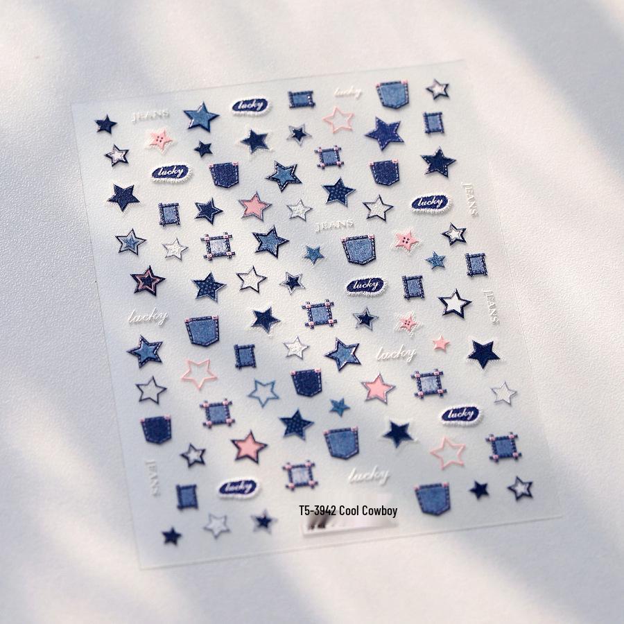 Cartoon Leopard Print Denim Nail Stickers - TENSOR TS-3931 Self-Adhesive, Thin, Tough, Cool Embossed Nail Art Decorations.