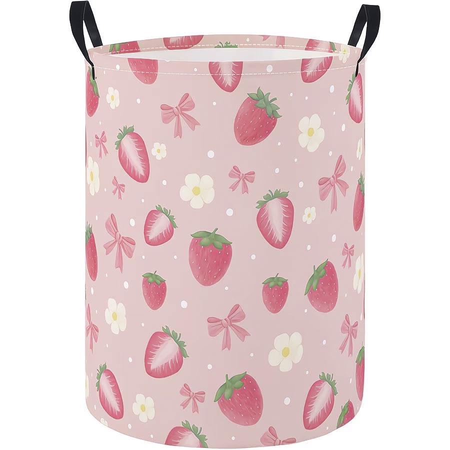 Pink Strawberry Bow Cylinder Laundry Basket - Double Ear Handheld Fabric Toy Storage.