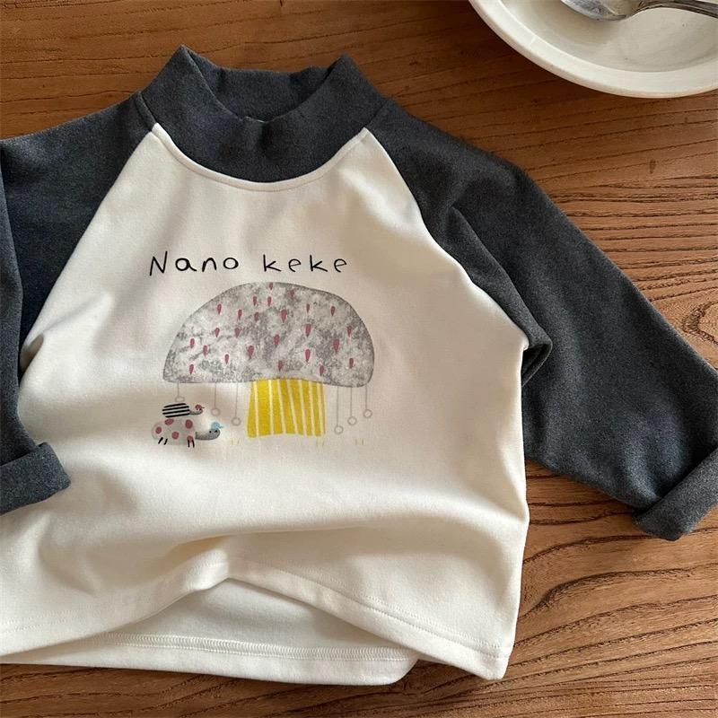 Kids Thermal Cartoon Print Long Sleeve T Shirt Mid High Neck Block Base Layer Top For Spring Autumn