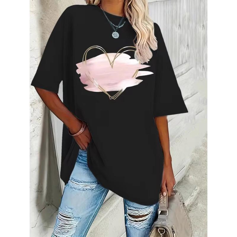 Camiseta Elegante Nueva para Mujer Talla Grande Rosa con Forma de Corazón Impresión 3D Primavera y Verano Ocio Cuello Redondo Manga Corta