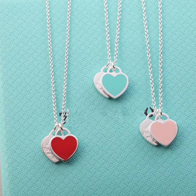 Collar con Colgante de Corazón de Plata de Ley 925 para Mujer Familia T con Diamantes y Esmalte, Cadena Clavicular Azul Clásico, Colgante para Mejor Amiga