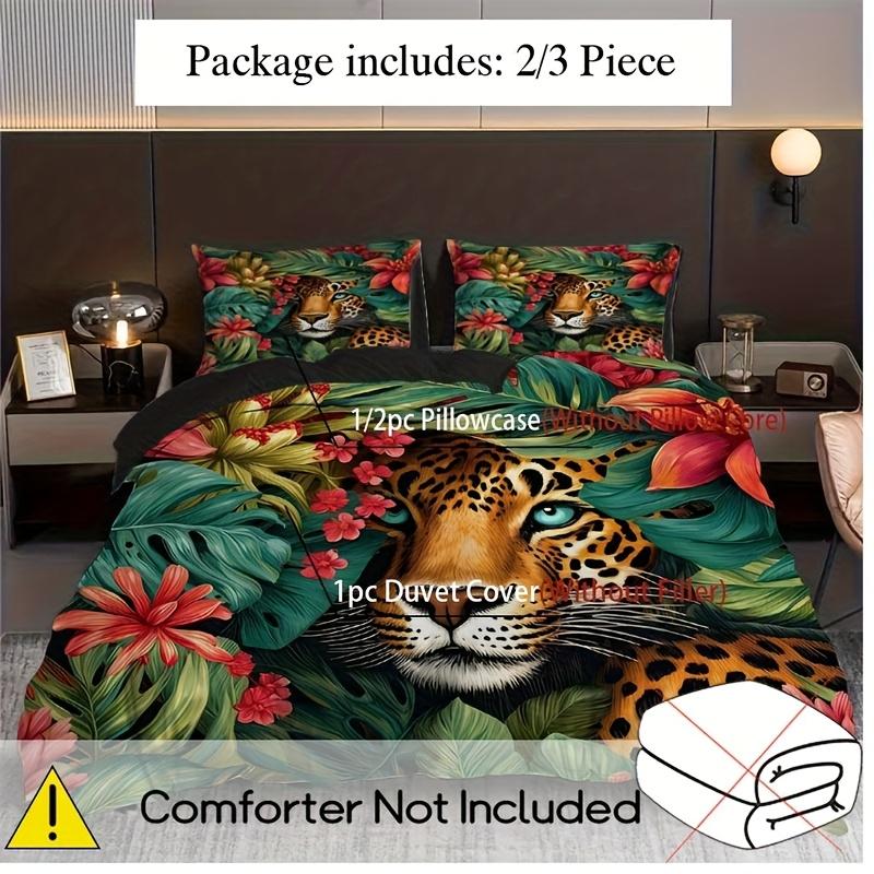 2/3Pcs Tropical Green Leaves Leopard Print Duvet Cover Set (1 Duvet Cover + 1/2 Pillowcase, Without Core), Jungle Leopard Shadow