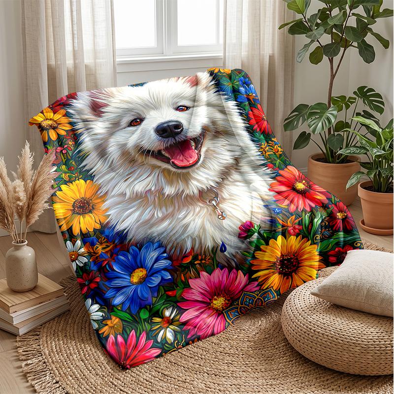 Floral Canine Portrait Theme Blanket Lightweight Warm Flannel Blanket Decorative Throw Blanket for Home Decoration