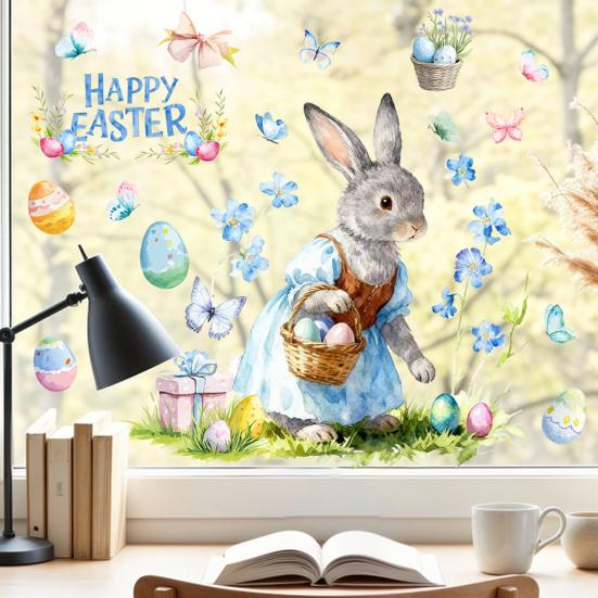 Påskfönsterdekal Söt Kanin Vildblommor Ägg Fjäril Klistermärke Återanvändbar Dubbelsidig Statisk Fönsterklistermärken för Glasdörrar Väggar Barnrum Vår