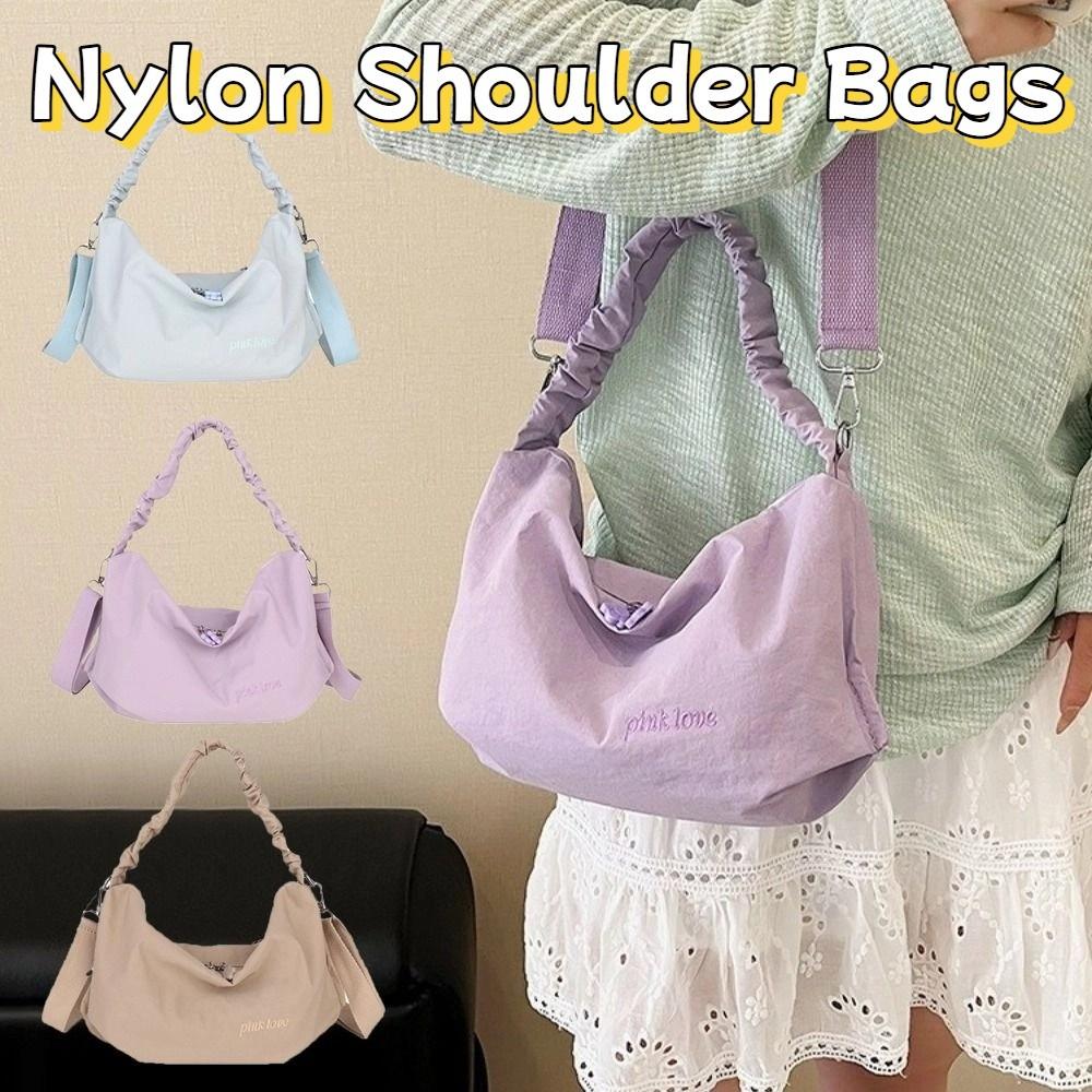 Korean Solid Color Pleated Shoulder Bag Leight Weight Large Capacity Nylon Crossbody Bag Casual Leisure Women's Handbags Travel