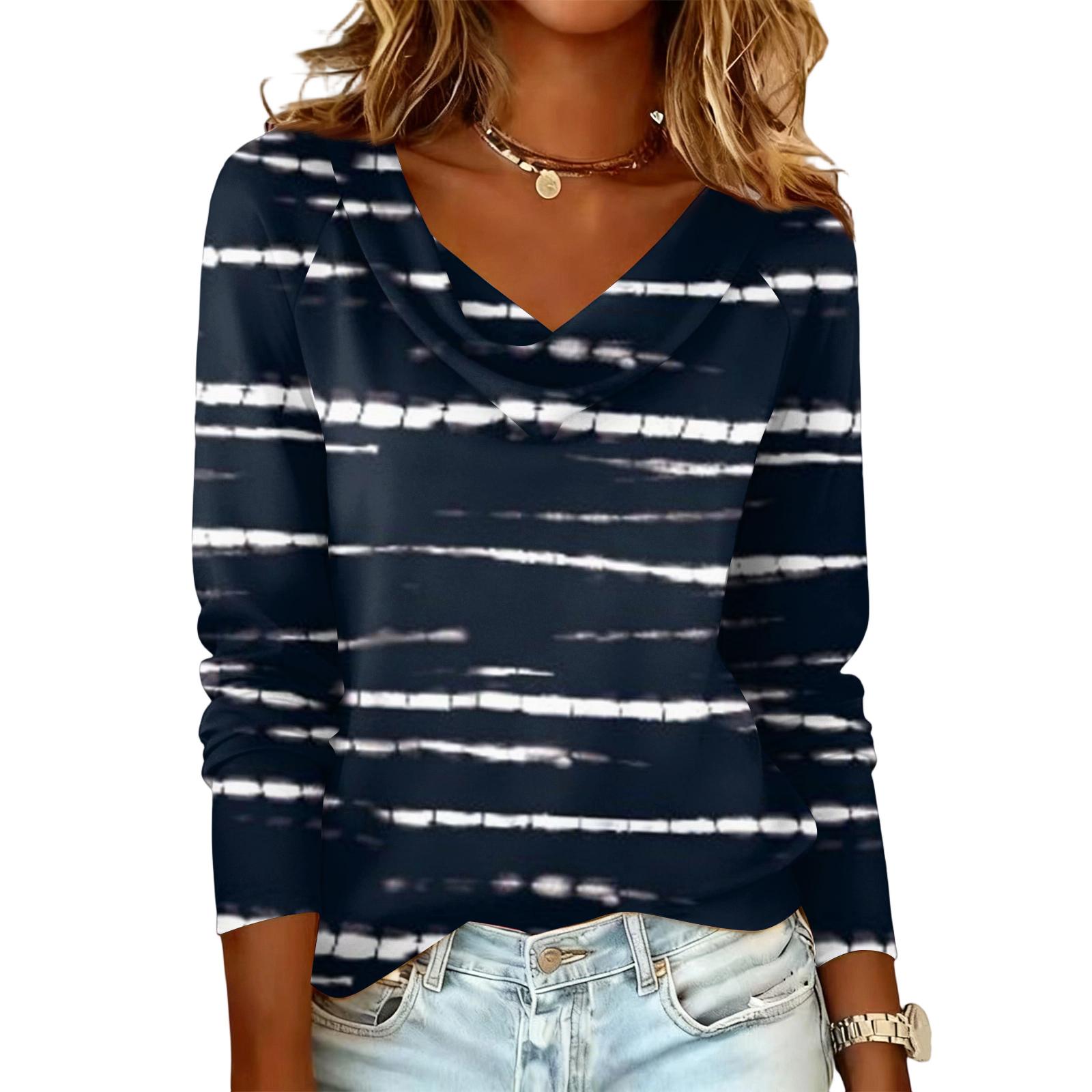 Long Sleeve Shirts for Women Womens Long Sleeve Tops Long Sleeve Tops for Women Womens Long Sleeve T Shirts Casual Striped Pullover XXL тёмно-синий