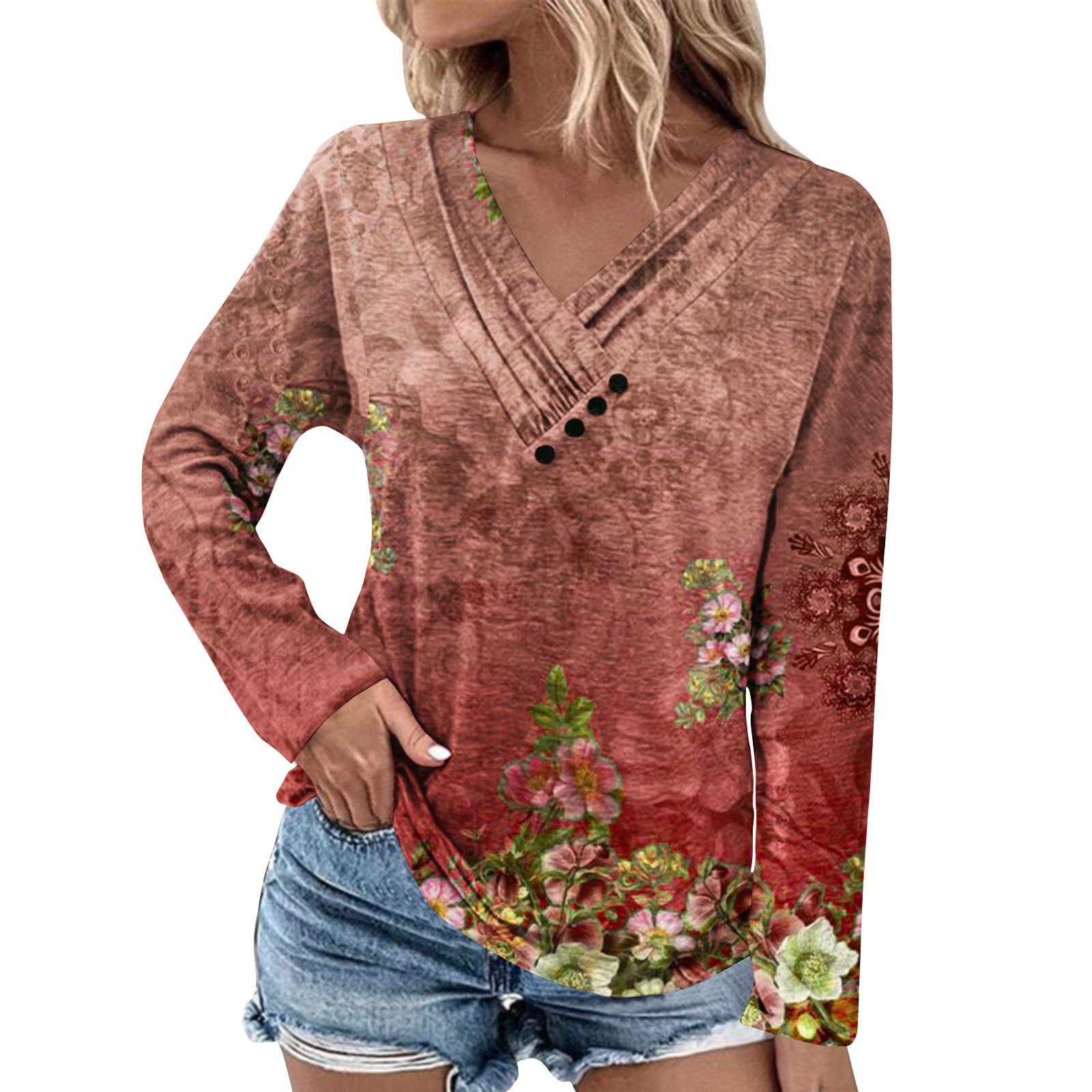 Women s Long Sleeve Tunic Loose Tops Casual Oversized Tops Pleated Tunic Button Down Casual Fall Women s Floral Print Tops XXL винный