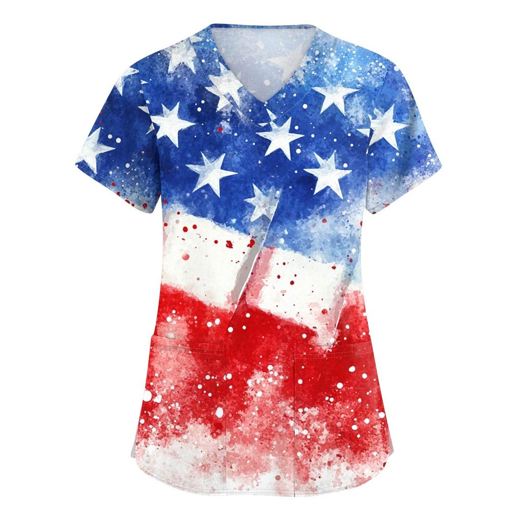 Women's Short Sleeve Independence Day Printed V-Neck Pocket Workwear Top