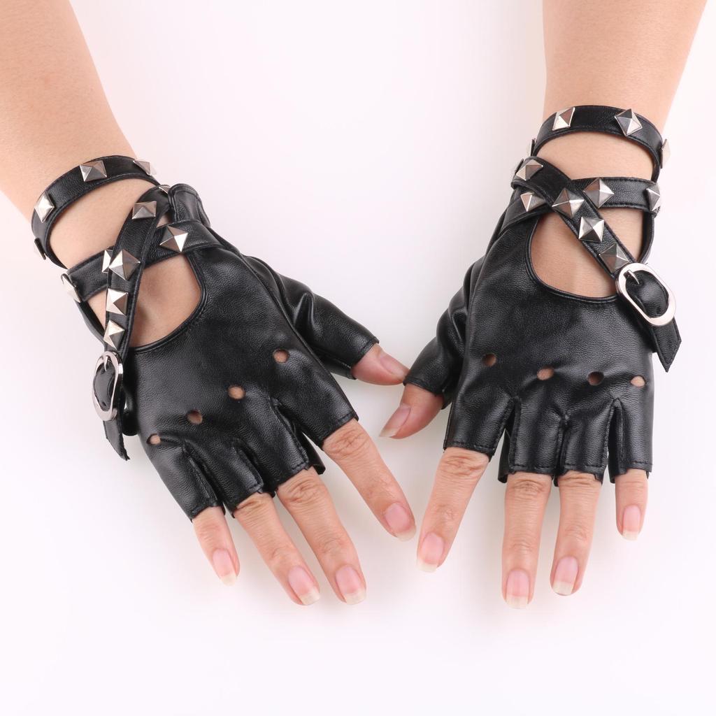 Women's Cool Punk Leather Dance Gloves for Nightclub and Performance