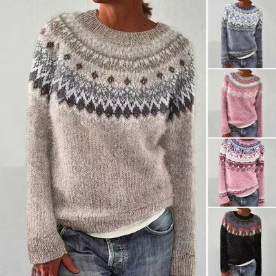Women Sweater O-Neck Long Sleeve Geometric Pattern Patchwork Color Knitting Tops Loose Fit
