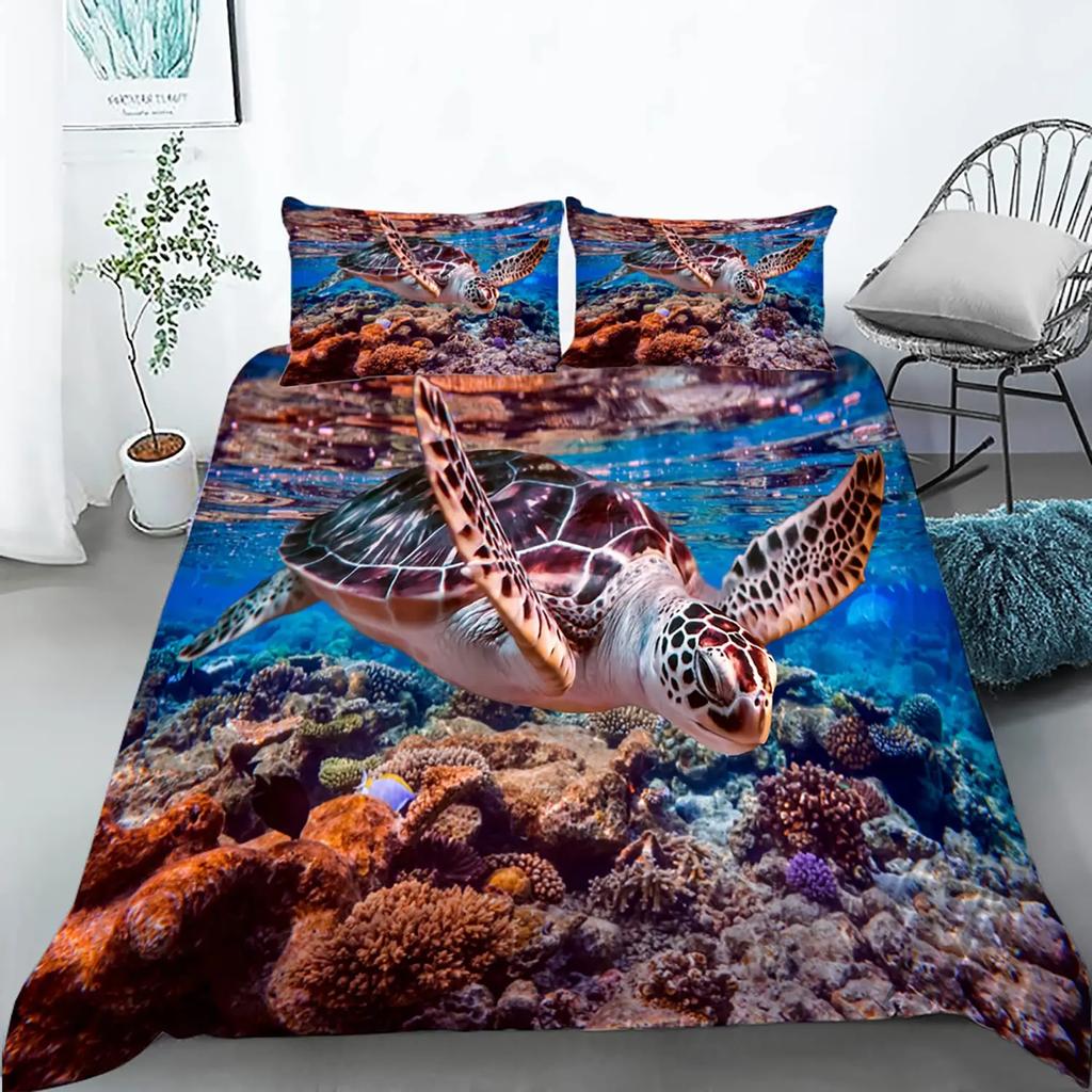 Sea Turtle Duevt Cover Set King Size Ocean Turtle Themed Comforter Cover For Teens Boys And Girls Soft Polyester Quilt Cover