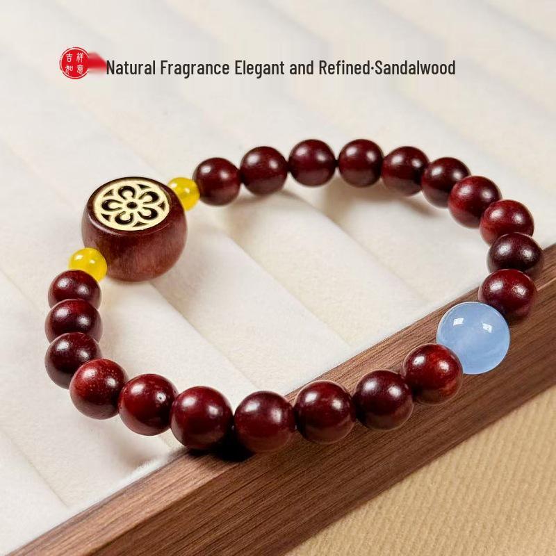 Red Sandalwood & Boxwood Openwork Plum Blossom Bracelet, Retro Chinese Style for Men & Women.