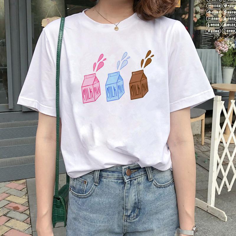 Kawaii Women T-Shirt Cartoon Milk Print Funny Top Female T Shirt Ulzzang Harajuku Aesthetic Casual O-Neck Ladies Tee Clothing