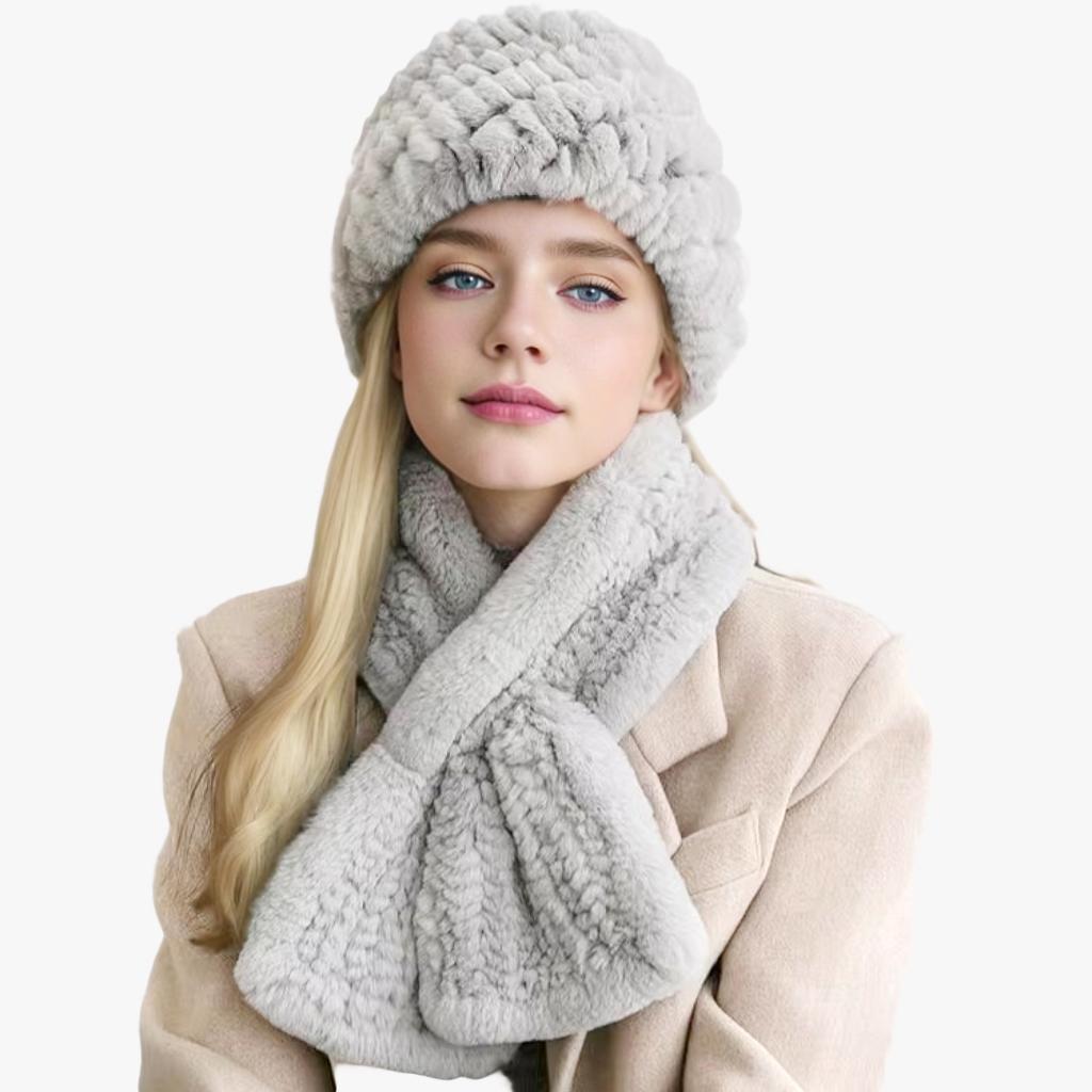 Soft Rabbit Fur Hat for Women Knitted Thick Warm Beanie Scarf Set