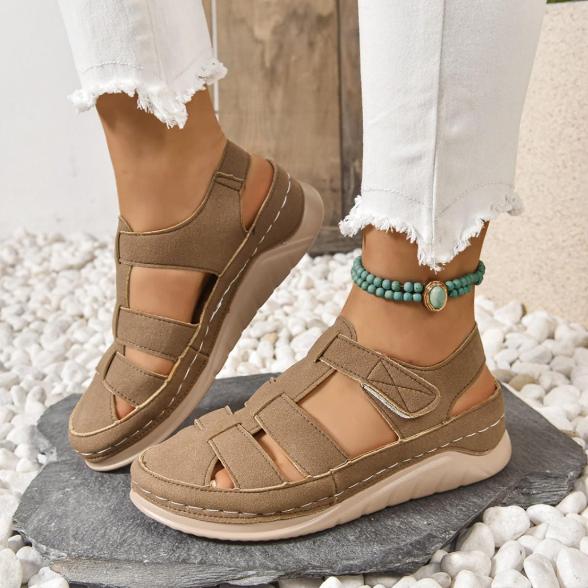 

Сандалии в спортивном стиле с открытыми носками, женские сандалии-маффины с толстой подошвой, римские сандалии большого размера с застежкой-липучкой 36 светло-коричневого