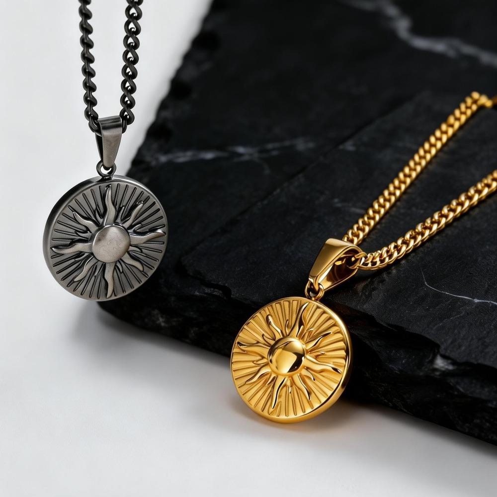 Vinage Sun Radiance Necklace for Men Boys,Gold Plated Stainless Steel Round Pendant Necklace,Hip-hop New Jewelry Gift