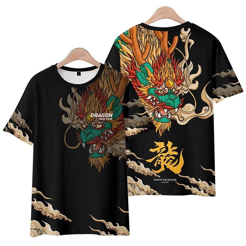 3D Printed Chinese Loong T-shirt Men's Fugulong T-shirt Summer Fashion Casual Round Neck T-shirt Loose Short Sleeve