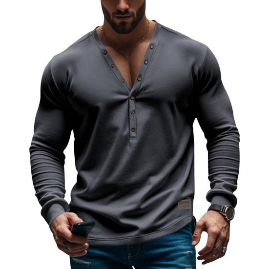 

Мужская весна-осень с декором на пуговицах и V-образным вырезом с длинными рукавами, однотонная M серый