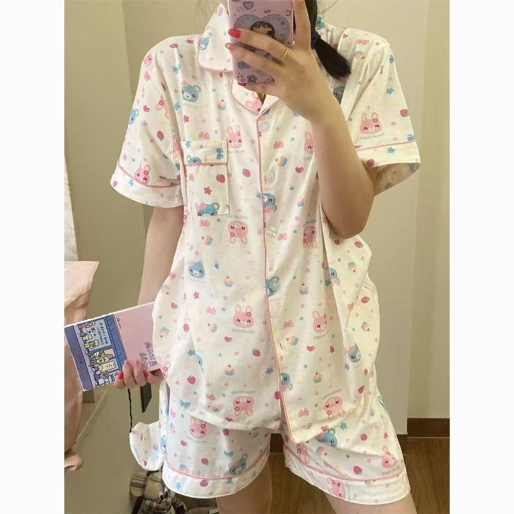 

Full print cartoon piano rabbit pajamas women s summer short-sleeved shorts lace two-piece set soft cute casual loungewear S