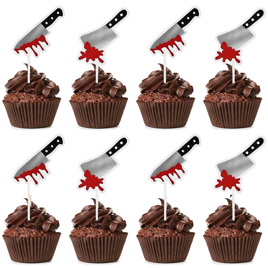 24pcs Horror Halloween Cupcake Topper Scary Blood Knife Cupcake Dessert Picks Halloween Theme Birthday Party Decoration Supplies 24Pcs