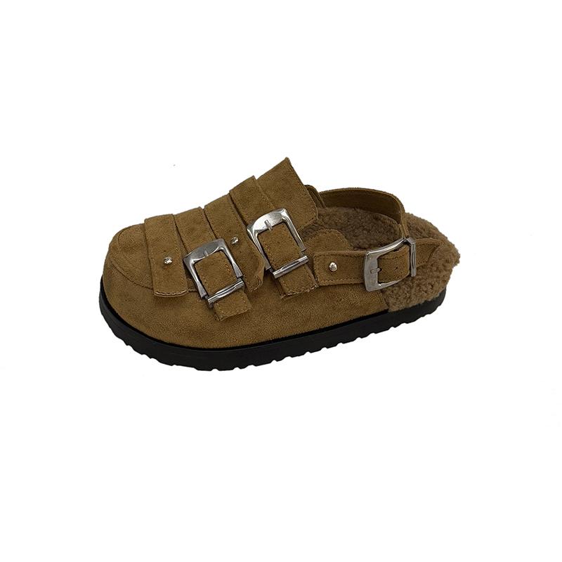 Autumn 2025 New Metal Buckle Big Head Lamb Wool Shoes Baotou Platform Slip-proof Semi-drag