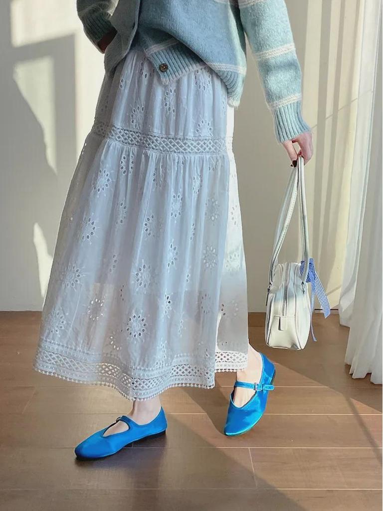 "Little Fresh" Solid Color Lace Hollow Cotton Umbrella Skirt - Women’s White Skirt