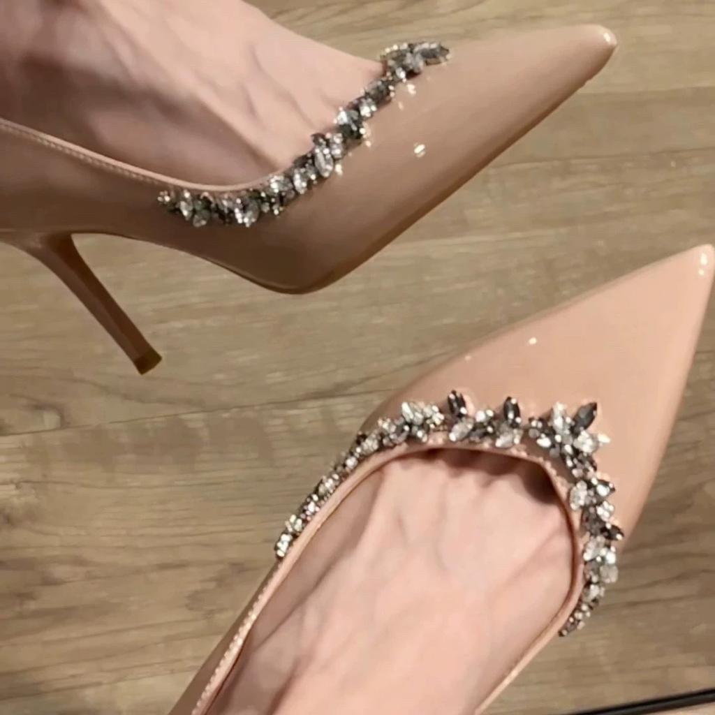 New summer word with nude rhinestone high heels sexy pointed temperament bag head sandals women's stiletto