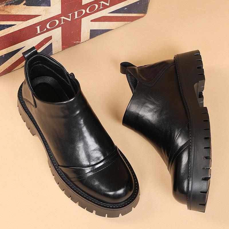 Winter platform shoes men's soft-soled soft-faced men's soft leather velvet Martin boots round head high top