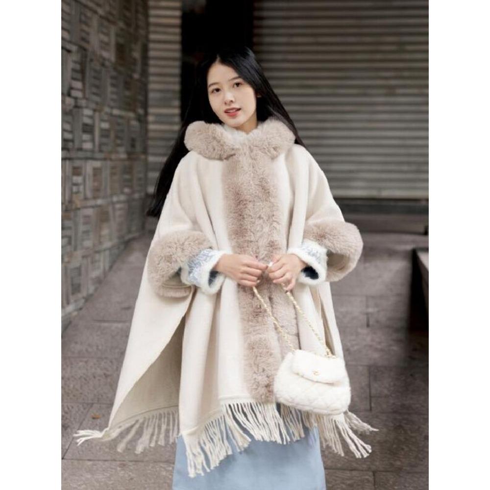 Autumn Winternew Arrivalfleece-linedthickenedretropure Color Shawl Furry Lazy Style Cloak Outwear for Women
