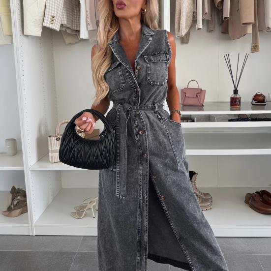 Women Denim Shirt Dress Summer Sleeveless Button Down Maxi Dress with Belt Lapel V Neck Long Jean Dress with Pockets
