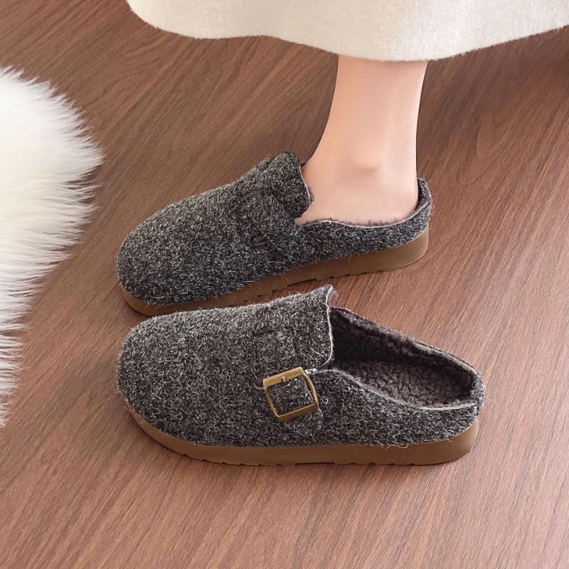 Winter new retro women's lazy half slippers casual non-slip velvet warm outer cotton shoes