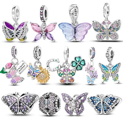 925 Sterling Silver Pink Blue Butterfly Dragonfly Charms Beads For Women Fit Original Bracelet Diy Jewelry Marking Girl