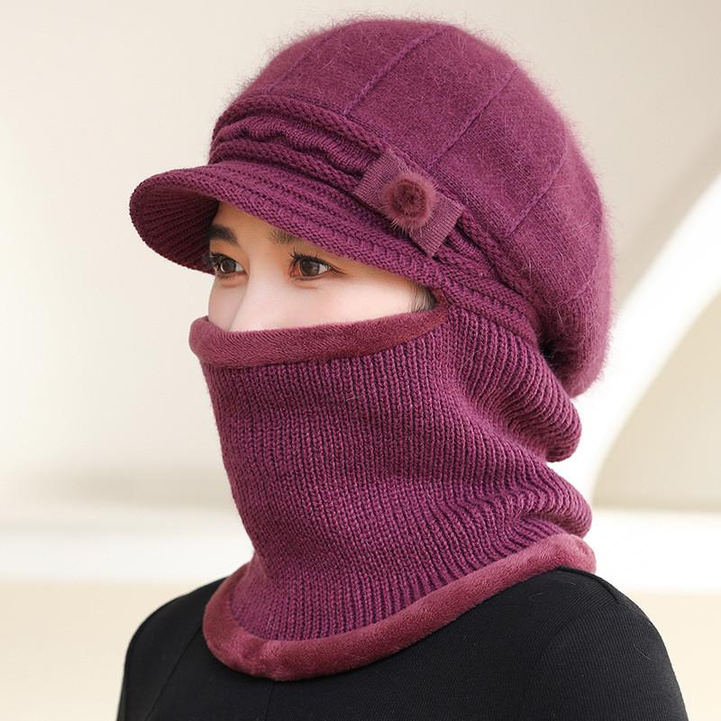 

Gold Mink Wool Hat For Women Winter Warm Thick Knitted Cap With Windproof Neck Guard Purple