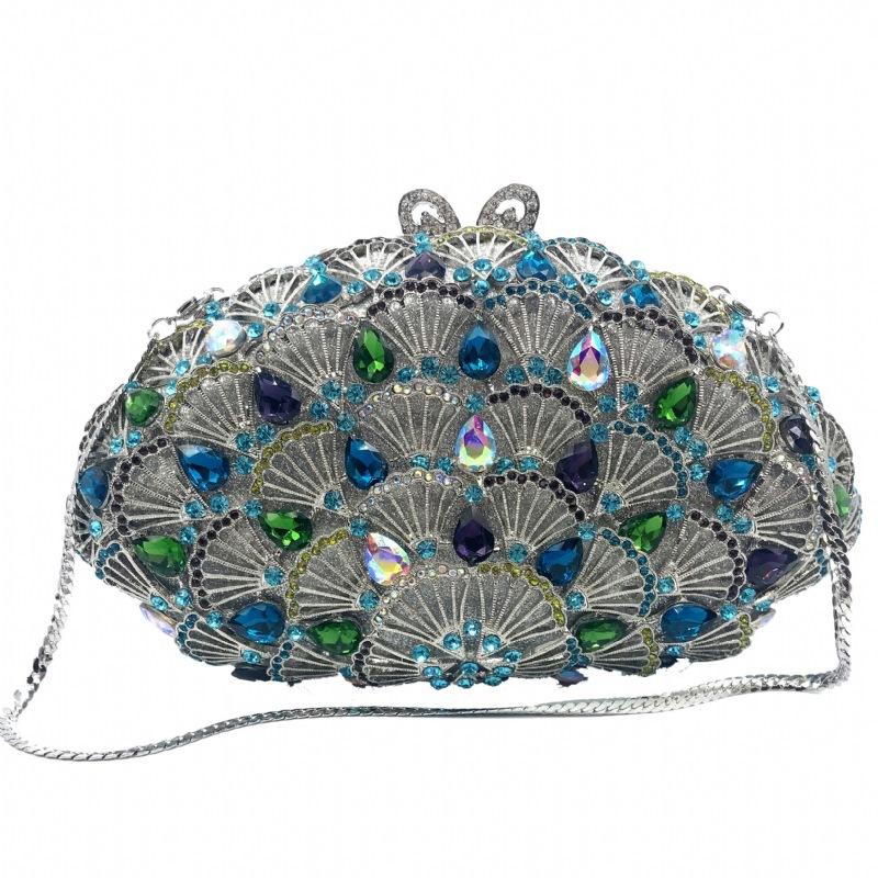 Rhinestone Evening Clutches Luxury Fan-Shape Women Crystal Wedding Party Purses WHTUOHENG Prom Cocktail Handbags Blue/Red/White