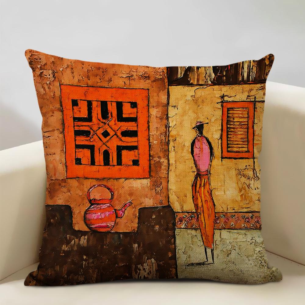 Portrait Oil Painting Cushion Cover African National Style Living Room Sofa Art Decoration Pillow Bedding 45x45cm Cover Pillows