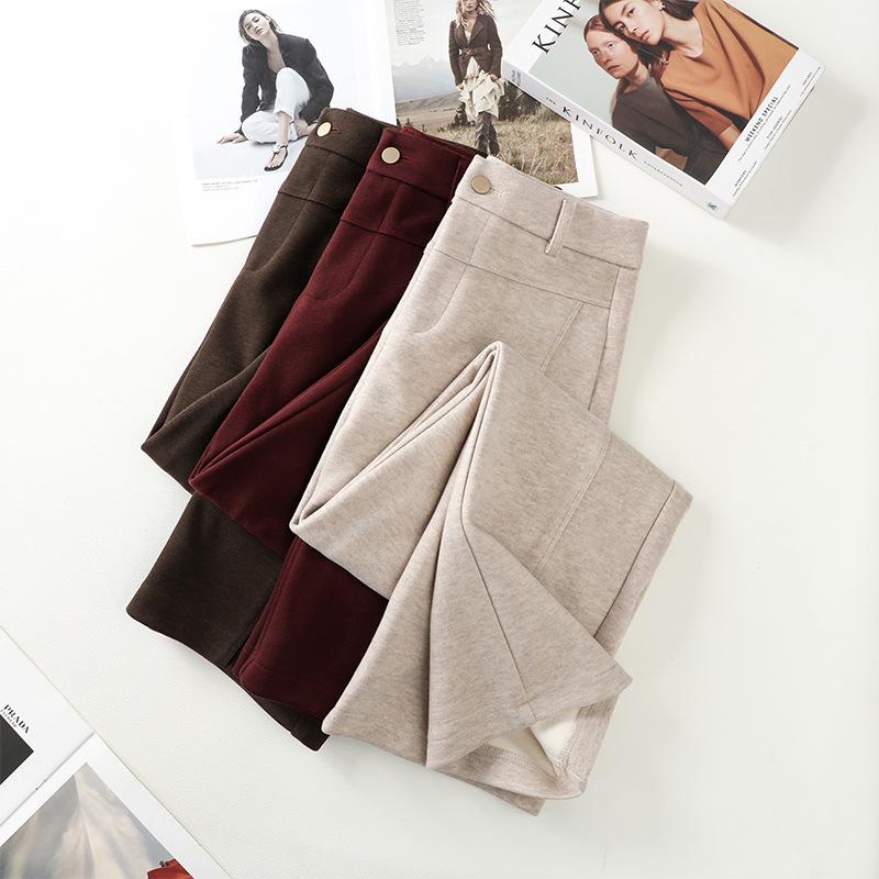 Podzim/Zima 2024 Dámské béžové kašmírové vlněné kalhoty: Volný střih, vysoký pas, široké nohavice, rovný střih.