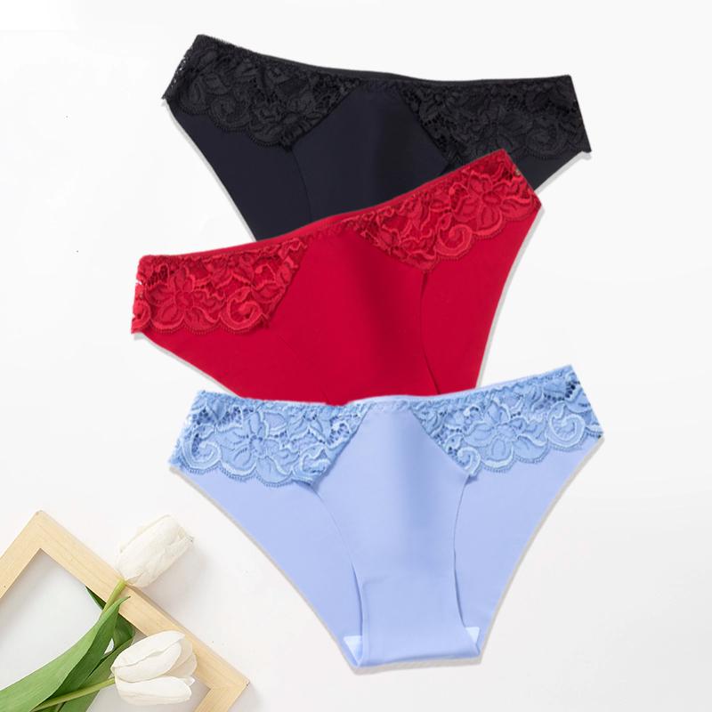 3Pcs/Set Lace Woman Panties Silk New Female Underwear for Woman Seamless Solid Lingerie Panties 3Pcs Free Shipping