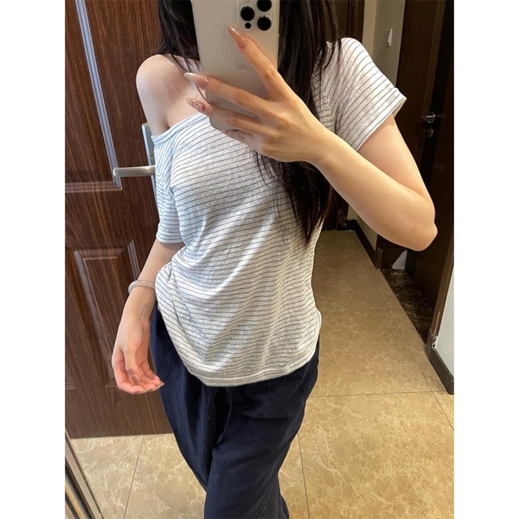 Striped American striped slanted shoulder short-sleeved t-shirt women's summer sweet and spicy style slim and thin versatile top