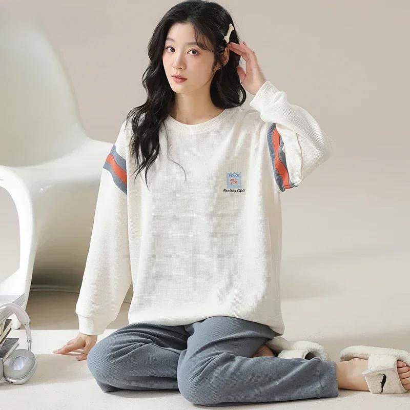 Autumn Winter Waffle Cotton Pajamas for Women Long Sleeves Home Wear Casual Sports Pijamas Round Collar Woman Sleepwear