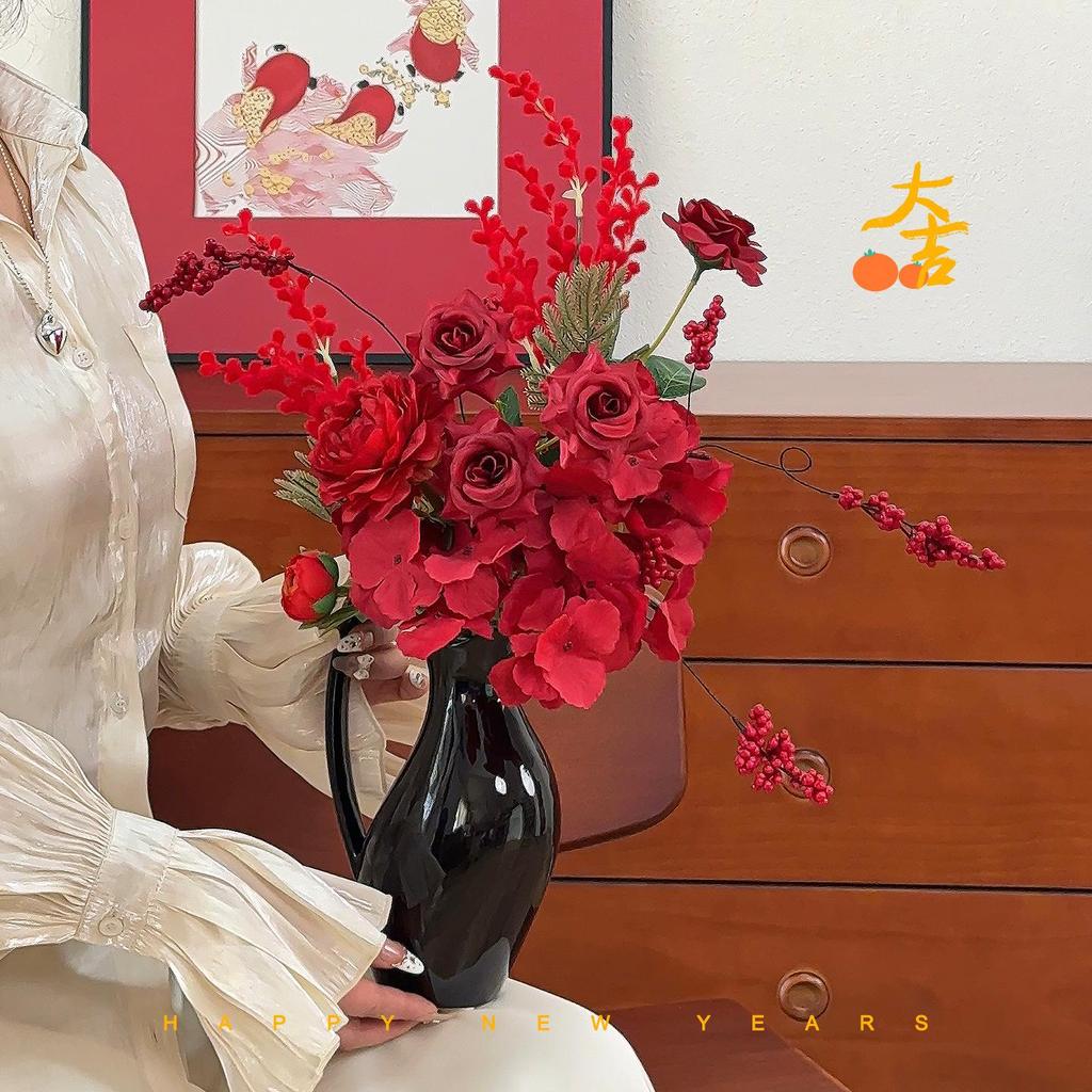 Spring Festival Red Fruit Faux Flower Arrangement for New Year, Wedding, Living Room, or Dining Table Décor